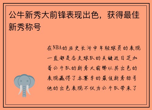 公牛新秀大前锋表现出色，获得最佳新秀称号